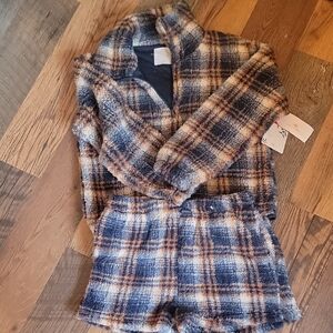 Women's Plaid Fleece Pajama Set - Navy and Tan